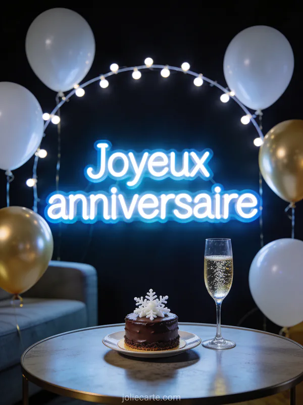 Guirlande de lumières blanches en arc avec ballons blancs et dorés, gâteau individuel et coupe de champagne en ambiance de soirée intime avec le texte Joyeux anniversaire