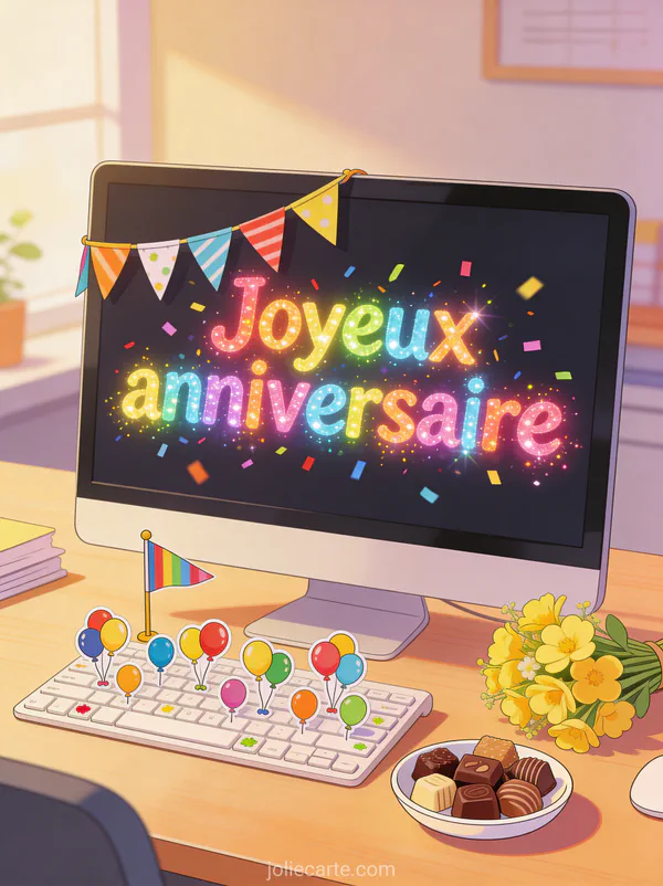 Bureau avec clavier décoré de ballons miniatures, guirlande de fanions sur l'écran, chocolats et petit bouquet de fleurs jaunes avec le texte Joyeux anniversaire