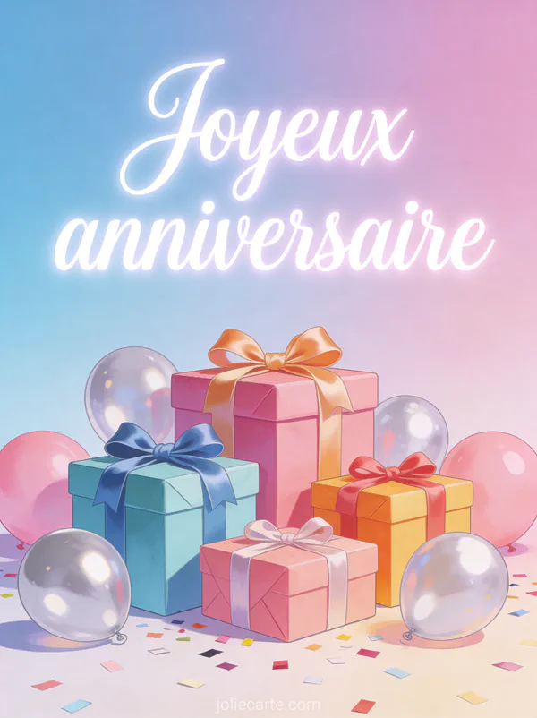 Cadeaux emballés dans du papier coloré avec noeuds en satin entourés de ballons argentés et roses avec confettis sur fond pastel avec le texte Joyeux anniversaire