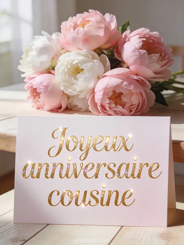 Bouquet de pivoines roses et blanches sur une table en bois clair avec le texte Joyeux anniversaire cousine en lettres dorées