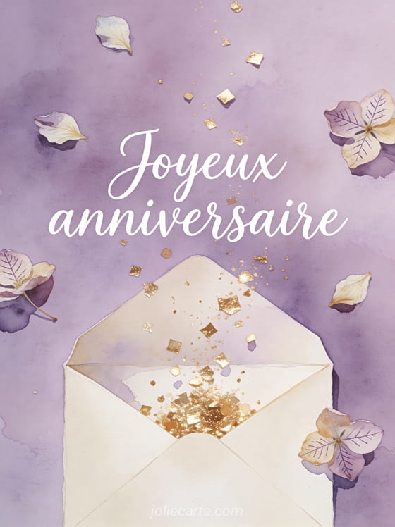 Enveloppe ouverte avec des confettis dorés et pétales de fleurs séchées sur fond aquarelle lavande avec le texte Joyeux anniversaire