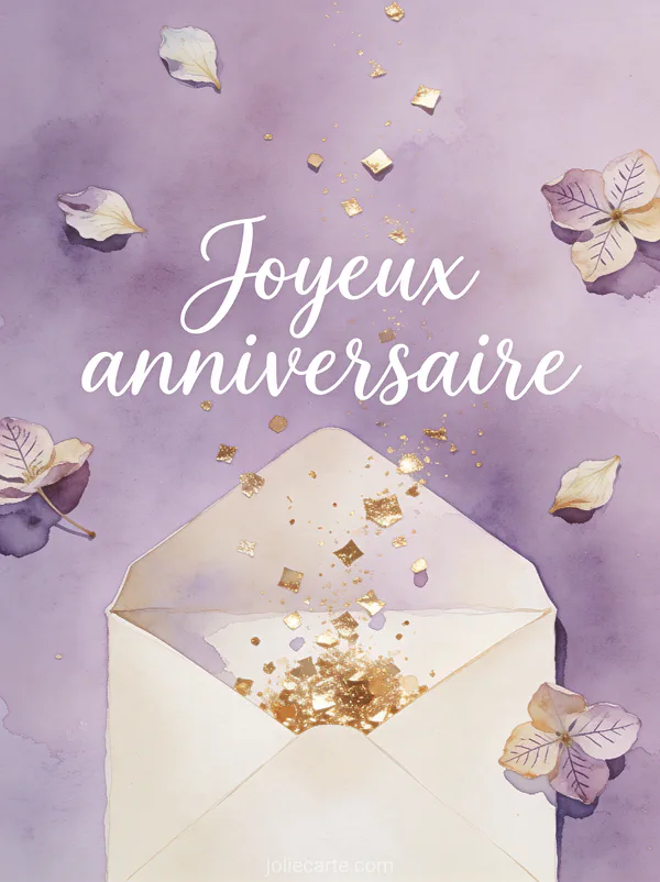 Enveloppe ouverte avec des confettis dorés et pétales de fleurs séchées sur fond aquarelle lavande avec le texte Joyeux anniversaire