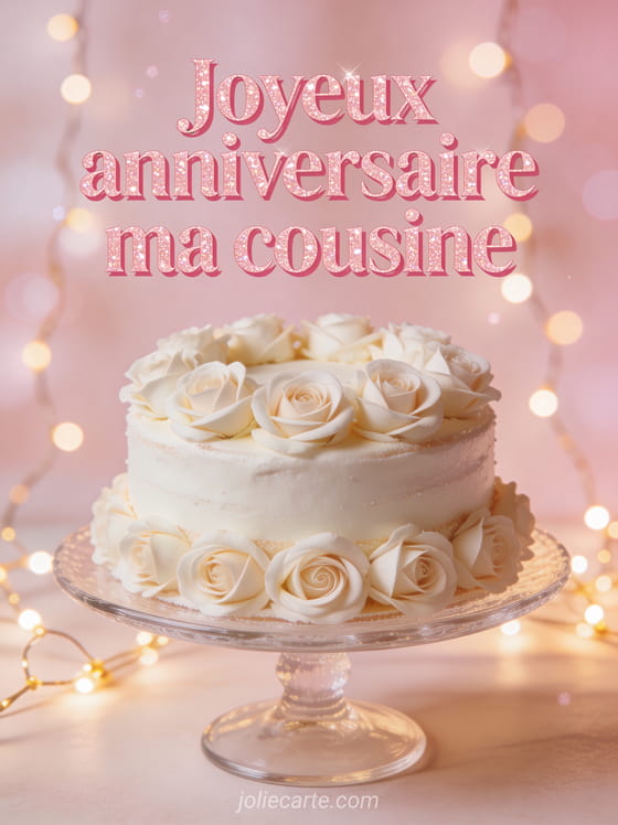 Gâteau d'anniversaire décoré de roses en crème sur un présentoir avec guirlandes lumineuses et le texte Joyeux anniversaire ma cousine