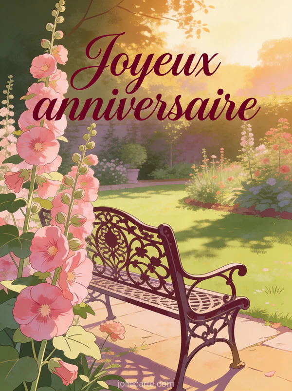 Jardin anglais avec roses trémières et banc en fer forgé dans une lumière dorée avec le texte Joyeux anniversaire