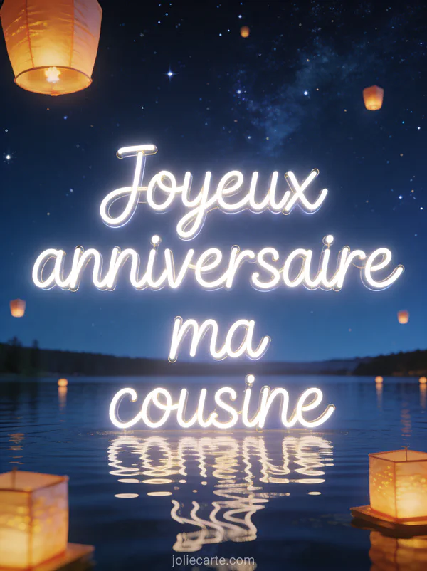 Ciel étoilé avec lanternes volantes se reflétant sur un lac calme et texte Joyeux anniversaire ma cousine en lettres néon