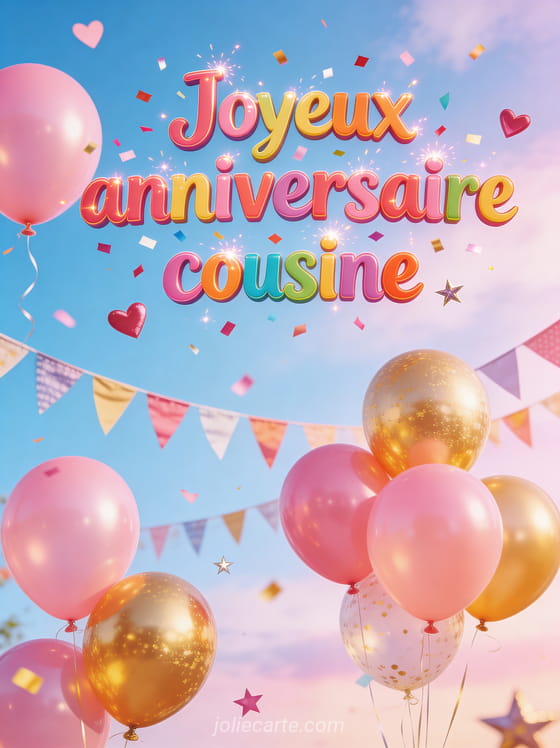 Ballons roses et dorés flottant dans un ciel bleu pastel avec guirlandes et confettis et le texte Joyeux anniversaire cousine