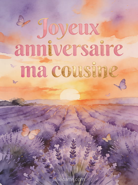 Champ de lavande provençal au coucher du soleil avec papillons et le texte Joyeux anniversaire ma cousine en lettres aquarelle