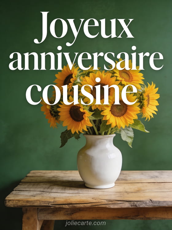 Bouquet de tournesols dans un vase en céramique blanche sur table rustique avec le texte Joyeux anniversaire cousine en lettres blanches