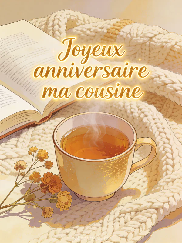 Tasse de thé fumante avec fleurs séchées et livre ouvert sur un plaid tricoté avec le texte Joyeux anniversaire ma cousine en lettres dorées