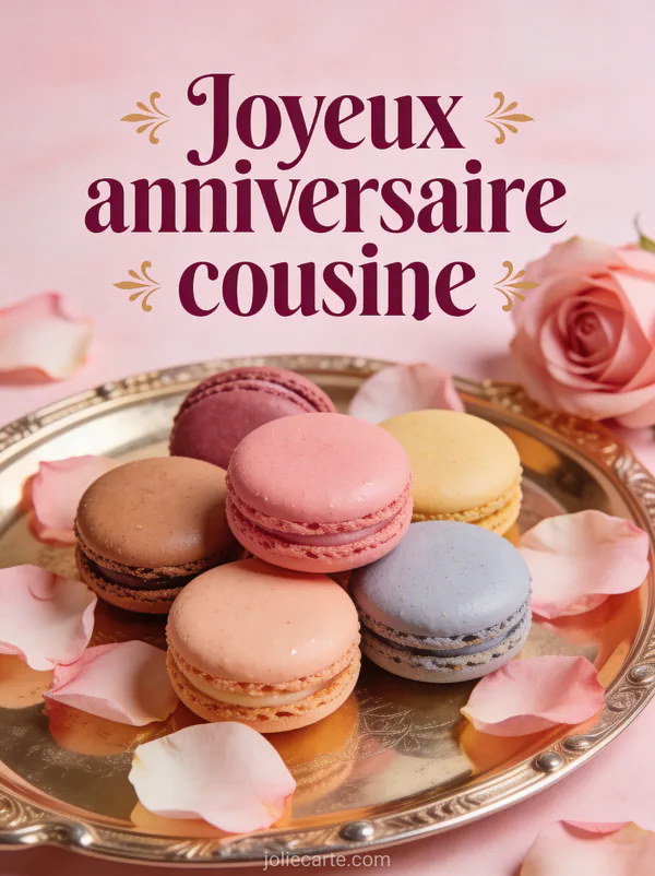 Macarons colorés sur un plateau doré avec pétales de roses et le texte Joyeux anniversaire cousine en typographie rétro prune