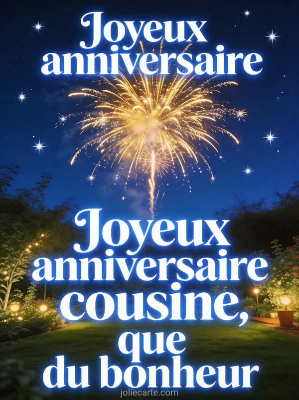 Feu d'artifice doré dans un ciel nocturne au-dessus d'un jardin illuminé avec le texte Joyeux anniversaire cousine que du bonheur