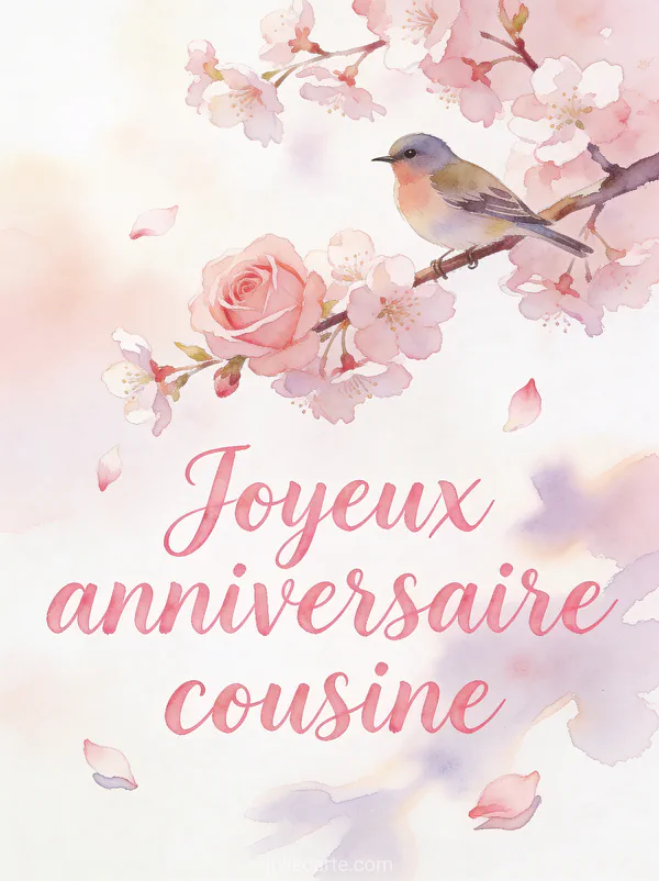 Oiseau posé sur une branche de cerisier en fleurs avec pétales tombant et le texte Joyeux anniversaire cousine en aquarelle rose