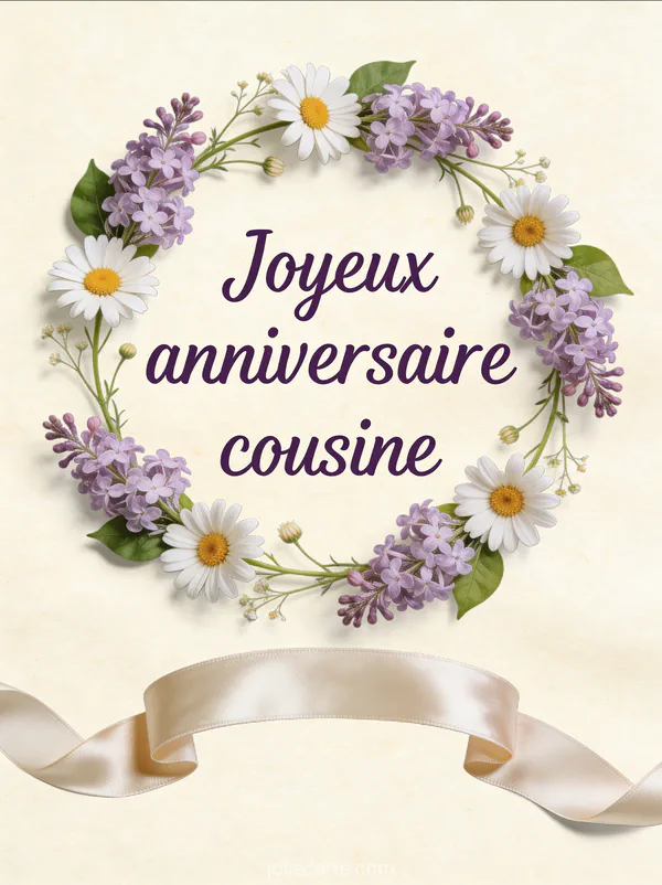 Couronne de fleurs sauvages avec marguerites et lilas et ruban de satin avec le texte Joyeux anniversaire cousine