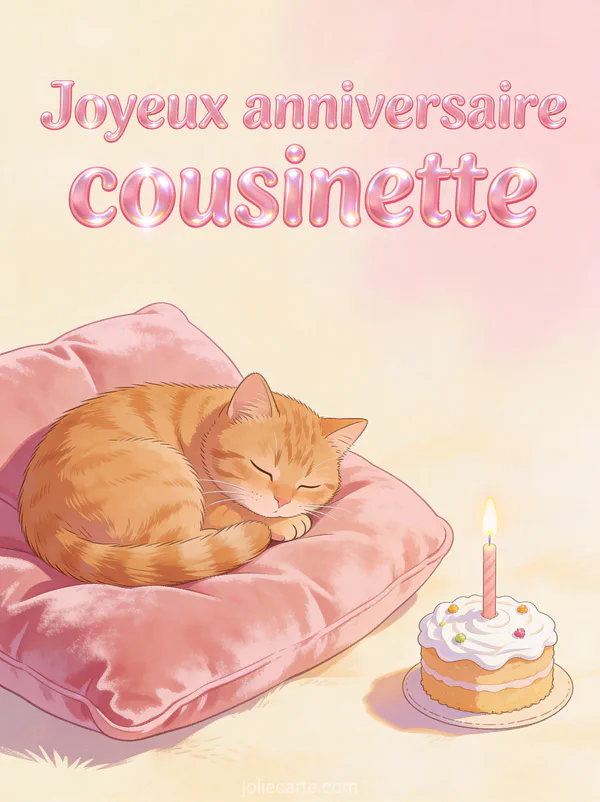 Chat roux endormi sur un coussin de velours rose à côté d'un petit gâteau avec une bougie et le texte Joyeux anniversaire cousinette