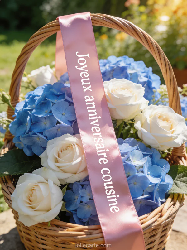 Hortensias bleus et roses blanches dans un panier en osier dans un jardin ensoleillé avec le texte Joyeux anniversaire cousine
