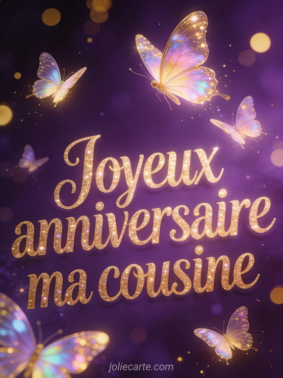 Papillons lumineux sur fond violet profond avec bokeh doré et le texte Joyeux anniversaire ma cousine en lettres dorées scintillantes