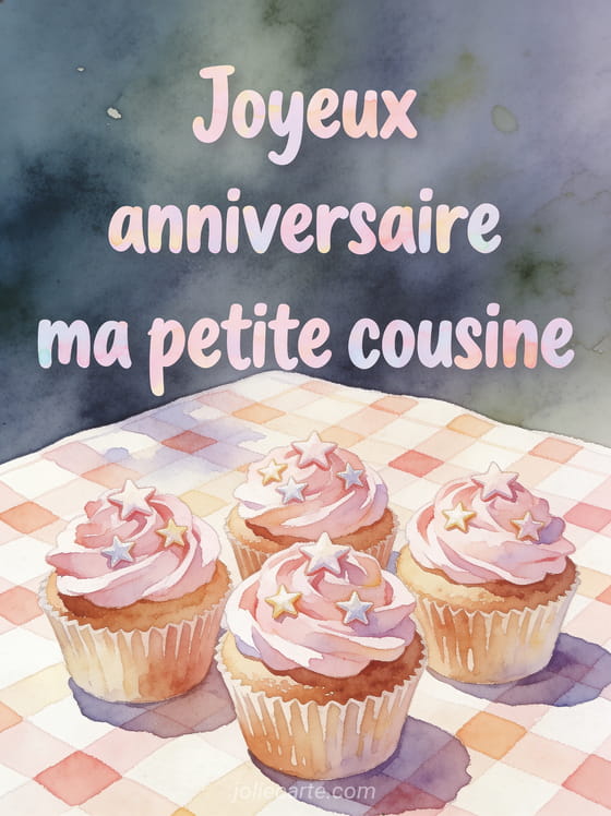 Cupcakes décorés de crème rose avec étoiles en sucre sur nappe à carreaux et le texte Joyeux anniversaire ma petite cousine