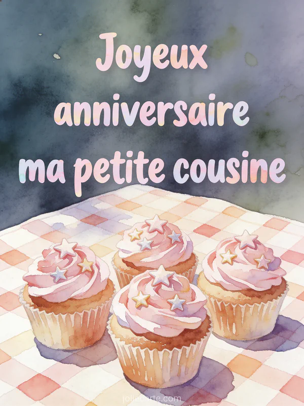 Cupcakes décorés de crème rose avec étoiles en sucre sur nappe à carreaux et le texte Joyeux anniversaire ma petite cousine
