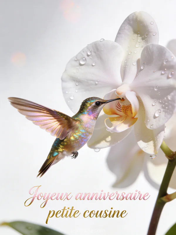 Colibri irisé butinant une orchidée avec gouttes de rosée et le texte Joyeux anniversaire petite cousine en lettres rose gold