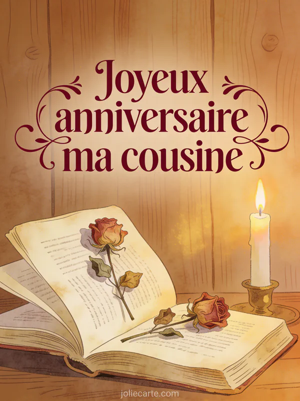 Livre ouvert avec roses séchées entre les pages et bougie allumée sur fond boisé avec le texte Joyeux anniversaire ma cousine