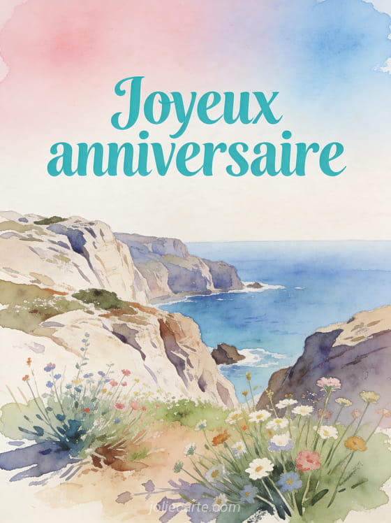 Paysage côtier avec rochers et fleurs sauvages face à la mer sous un ciel rose et bleu avec le texte Joyeux anniversaire