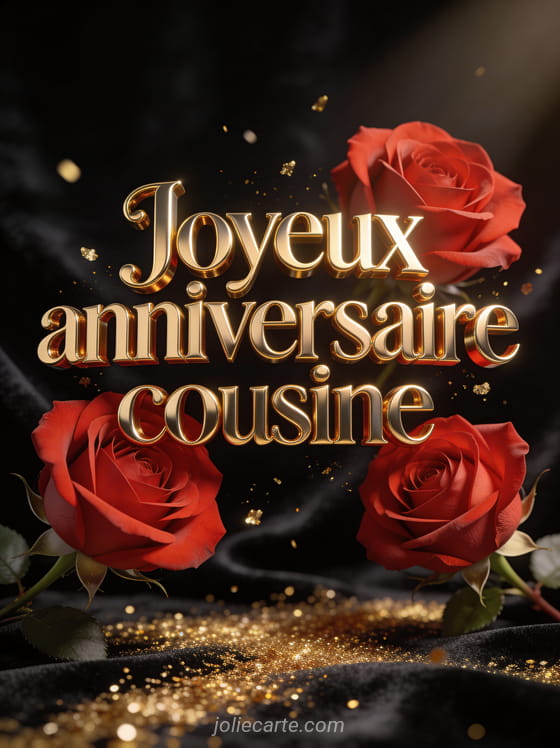 Roses rouges épanouies sur fond noir velouté avec paillettes dorées et le texte Joyeux anniversaire cousine en lettres 3D dorées
