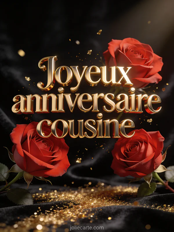 Roses rouges épanouies sur fond noir velouté avec paillettes dorées et le texte Joyeux anniversaire cousine en lettres 3D dorées