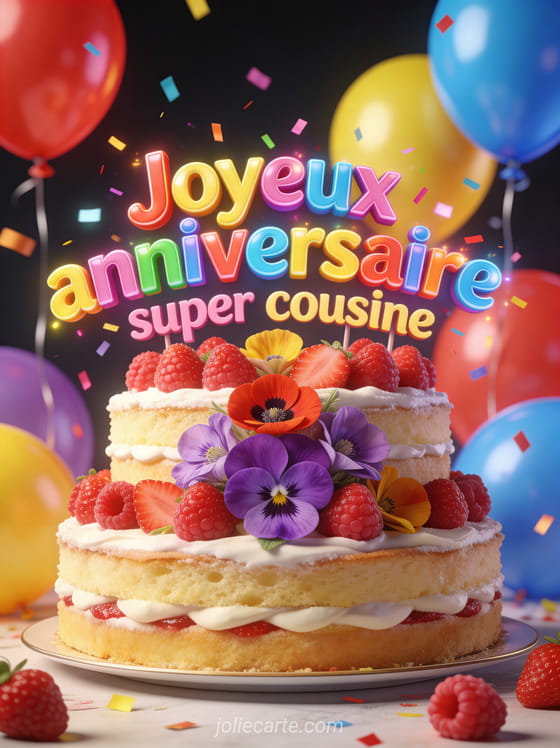 Gâteau à étages décoré de fruits rouges et fleurs avec ballons colorés et le texte Joyeux anniversaire super cousine