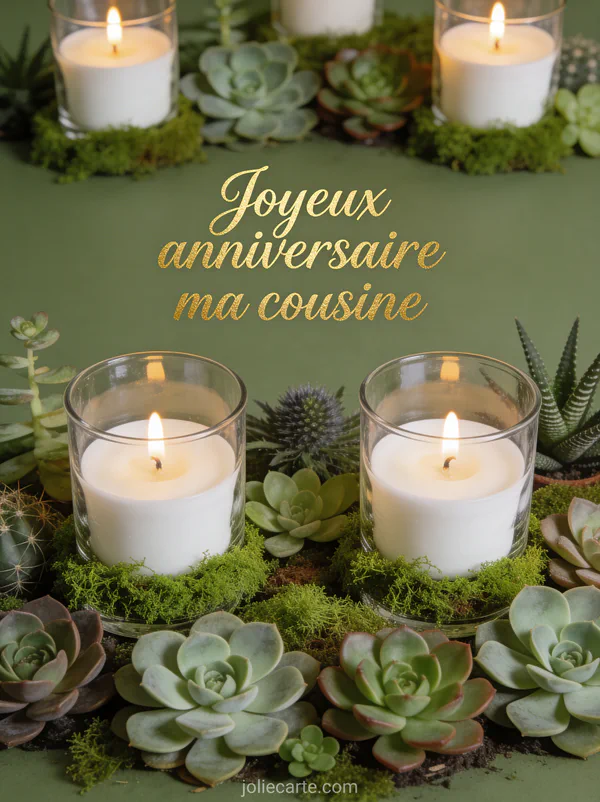 Succulentes et bougies blanches dans des photophores en verre avec mousse végétale et le texte Joyeux anniversaire ma cousine