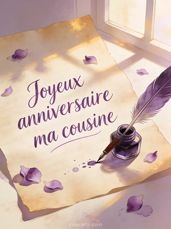 Plume d'oie posée à côté d'un encrier avec pétales de violettes sur papier parchemin et le texte Joyeux anniversaire ma cousine