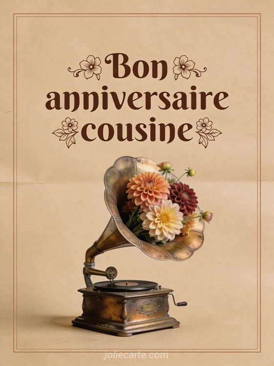 Gramophone vintage avec bouquet de dahlias sur fond papier kraft et le texte Bon anniversaire cousine en lettres sépia