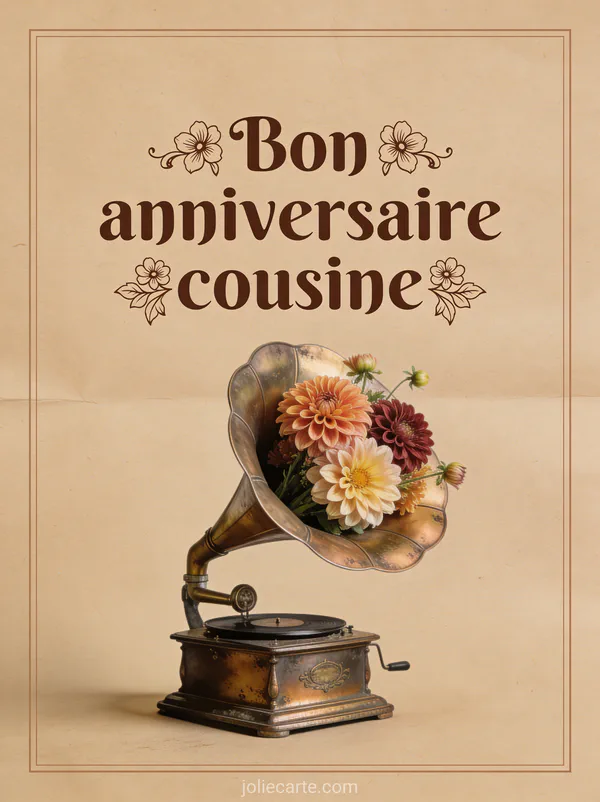 Gramophone vintage avec bouquet de dahlias sur fond papier kraft et le texte Bon anniversaire cousine en lettres sépia