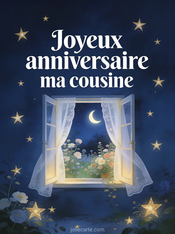 Fenêtre ouverte sur un jardin fleuri avec croissant de lune et rideaux en voilage avec le texte Joyeux anniversaire ma cousine