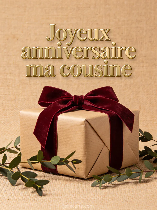 Cadeau emballé de papier kraft avec noeud en velours bordeaux et branches d'olivier avec le texte Joyeux anniversaire ma cousine