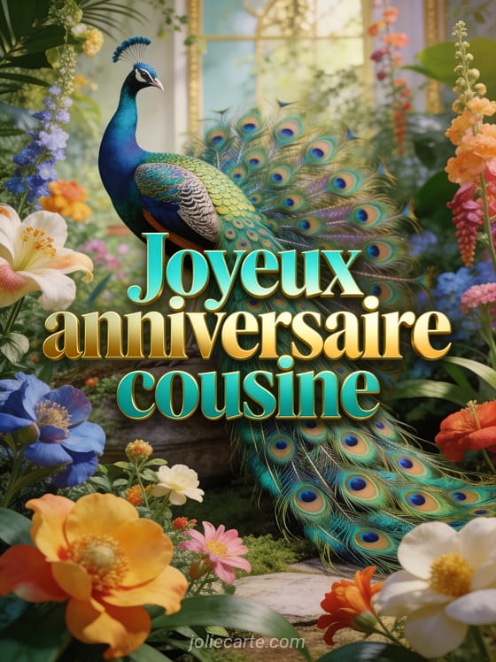 Paon majestueux déployant sa queue dans un jardin botanique avec fleurs exotiques et le texte Joyeux anniversaire cousine