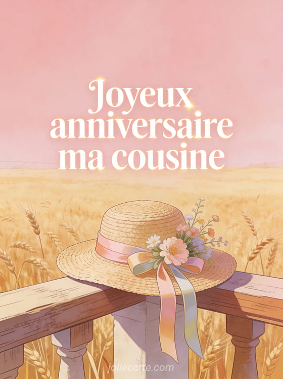 Chapeau de paille avec rubans et fleurs des champs sur une balustrade avec vue sur un champ de blé doré et le texte Joyeux anniversaire
