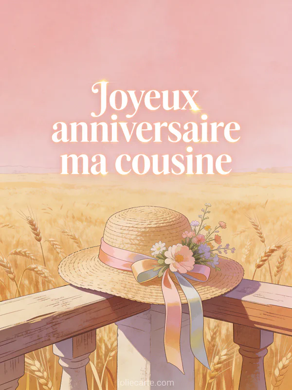 Chapeau de paille avec rubans et fleurs des champs sur une balustrade avec vue sur un champ de blé doré et le texte Joyeux anniversaire