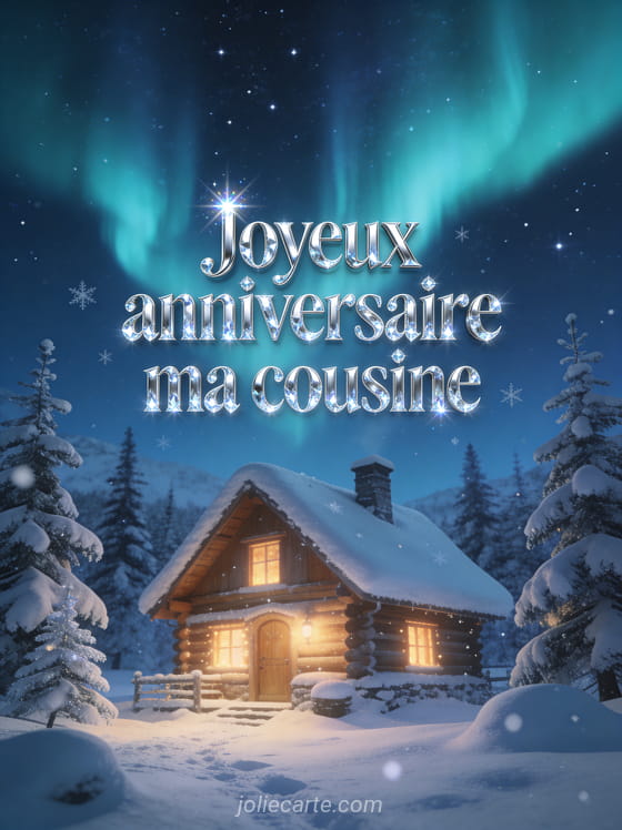 Paysage enneigé avec chalet illuminé et sapins sous des aurores boréales avec le texte Joyeux anniversaire ma cousine