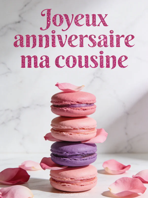 Macarons roses et violets empilés avec pétales de rose sur fond marbre blanc et le texte Joyeux anniversaire ma cousine