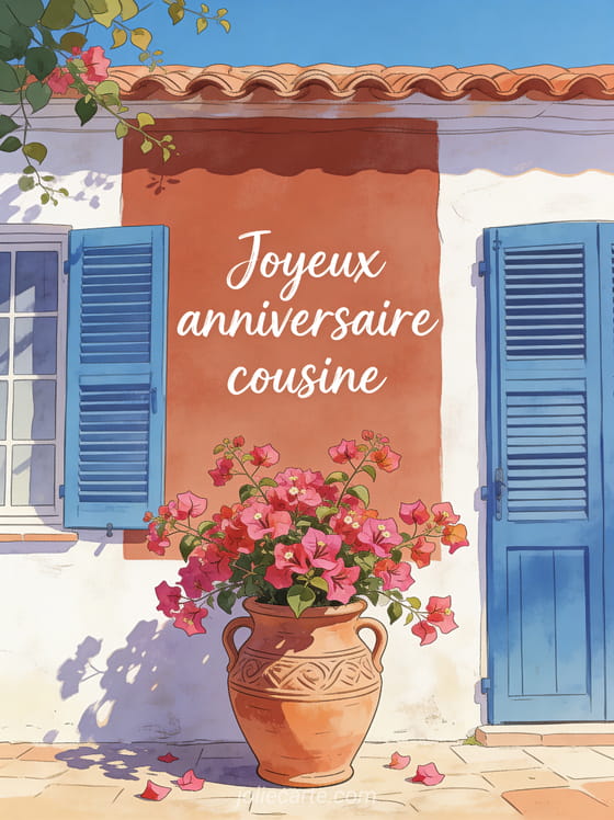 Poterie artisanale avec bougainvillier devant un mur méditerranéen blanc aux volets bleus avec le texte Joyeux anniversaire cousine