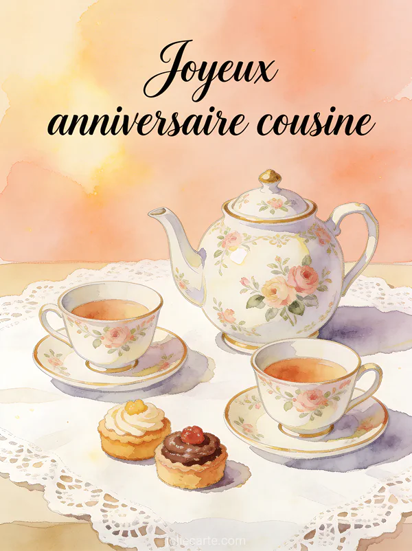 Théière en porcelaine anglaise fleurie avec tasses et petits gâteaux sur fond aquarelle pêche et le texte Joyeux anniversaire cousine