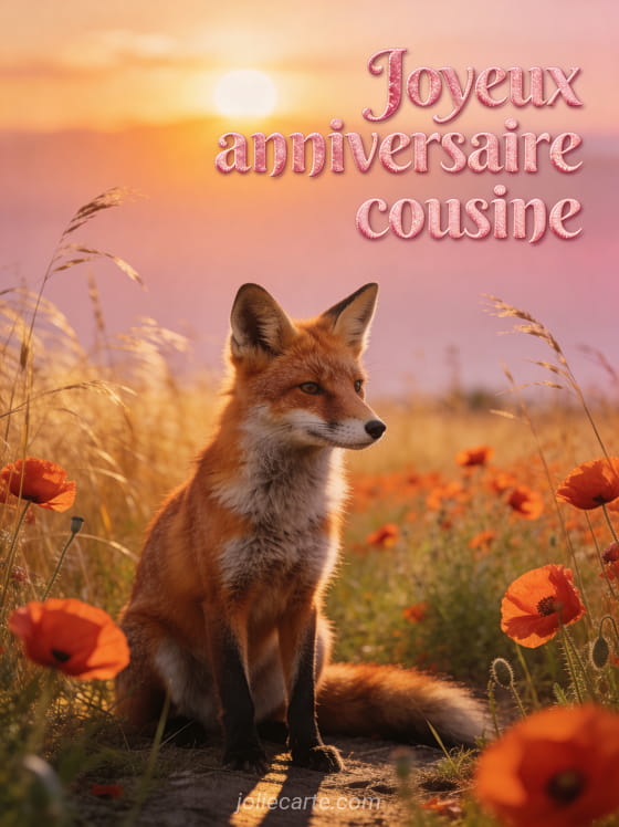 Renard roux dans un champ de coquelicots au soleil couchant avec herbes dorées et le texte Joyeux anniversaire cousine