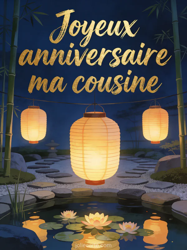 Lanternes japonaises illuminées dans un jardin zen avec bassin de nénuphars et le texte Joyeux anniversaire ma cousine