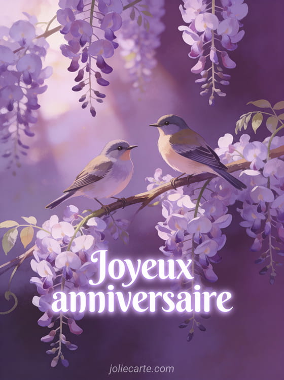 Deux oiseaux sur une branche de glycine en fleurs avec lumière douce et grappes mauves et le texte Joyeux anniversaire