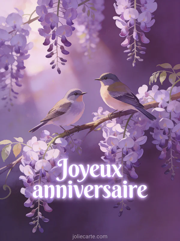 Deux oiseaux sur une branche de glycine en fleurs avec lumière douce et grappes mauves et le texte Joyeux anniversaire