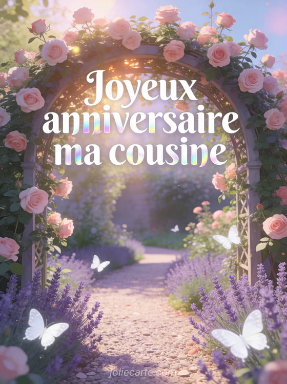 Jardin secret avec arche de roses grimpantes et allée de lavande bordée de papillons blancs et le texte Joyeux anniversaire ma cousine