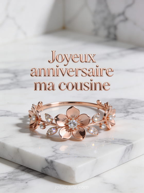 Couronne de fleurs en or rose avec pierres précieuses sur fond marbré blanc et gris et le texte Joyeux anniversaire ma cousine