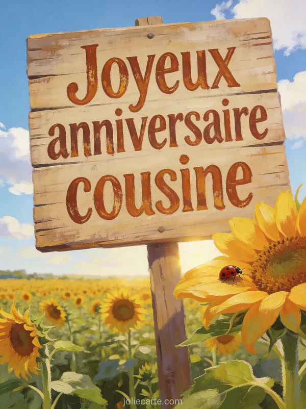 Panneau en bois rustique dans un champ de tournesols sous un ciel bleu avec coccinelle et le texte Joyeux anniversaire cousine