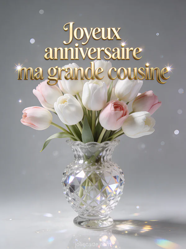 Vase en cristal avec tulipes blanches et roses sur fond gris perle avec reflets lumineux et le texte Joyeux anniversaire ma grande cousine