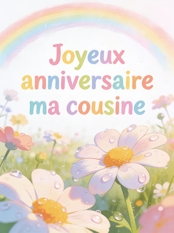 Arc-en-ciel au-dessus d'un champ de fleurs sauvages après la pluie avec gouttelettes sur les pétales et le texte Joyeux anniversaire ma cousine